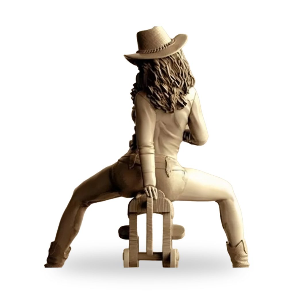 Unpainted female cowgirl figure on horseback in dynamic pose.