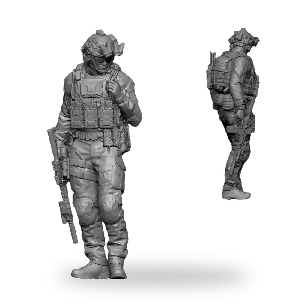 Unpainted US Army soldier in full tactical gear with rifle and backpack.