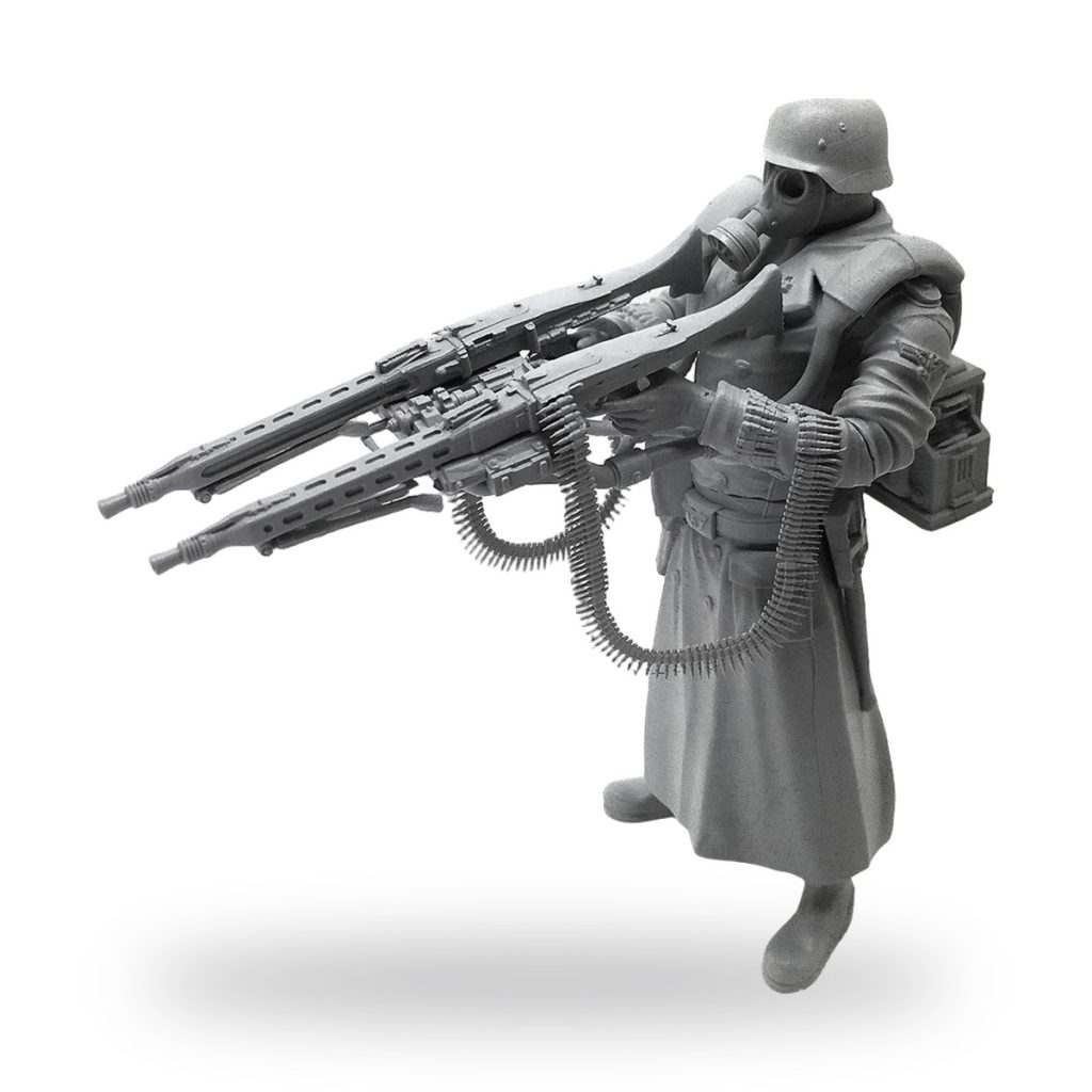 Unpainted WW2 German soldier figure with gas mask and dual rifles.