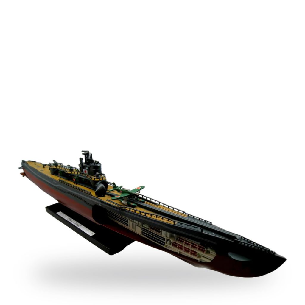 Unpainted WWII German U-boat submarine model with stand and cutaway view.
