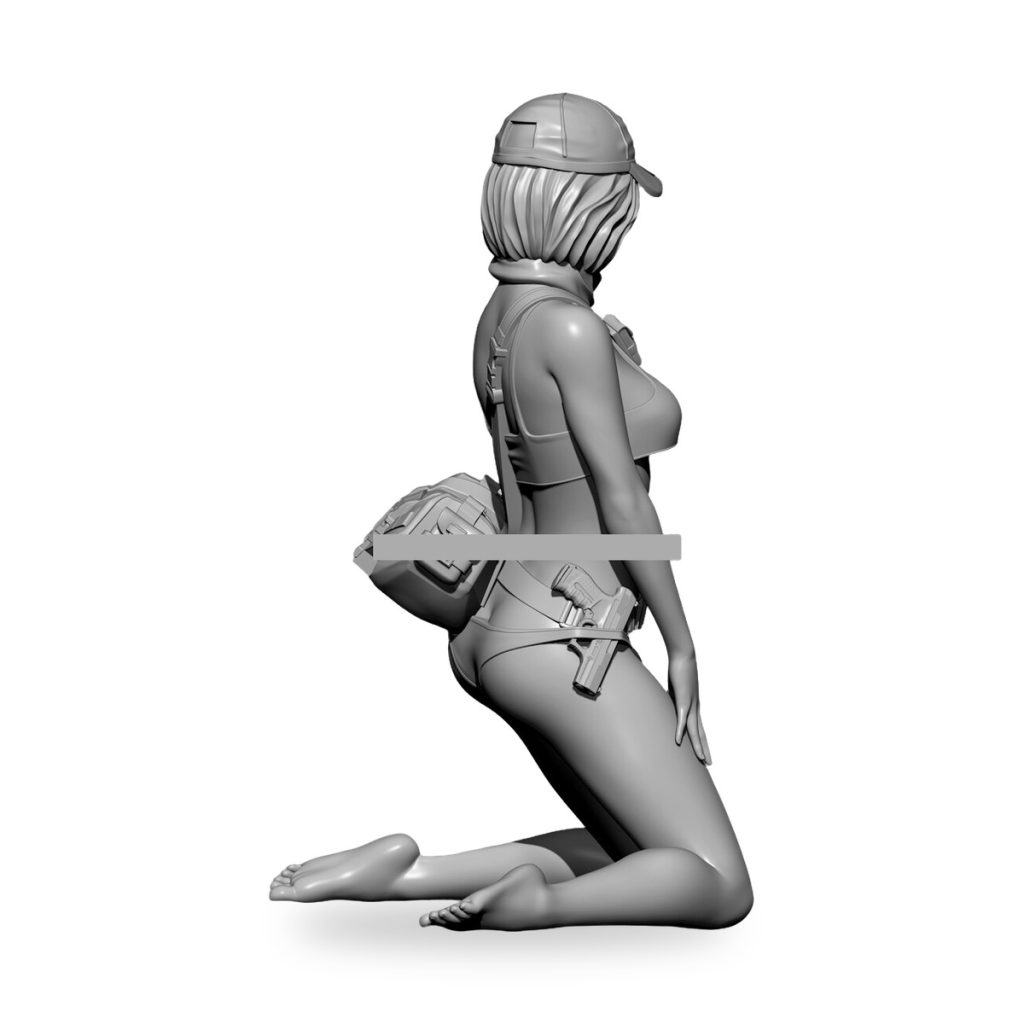 Unpainted female spy figure kneeling with pistol and backpack.