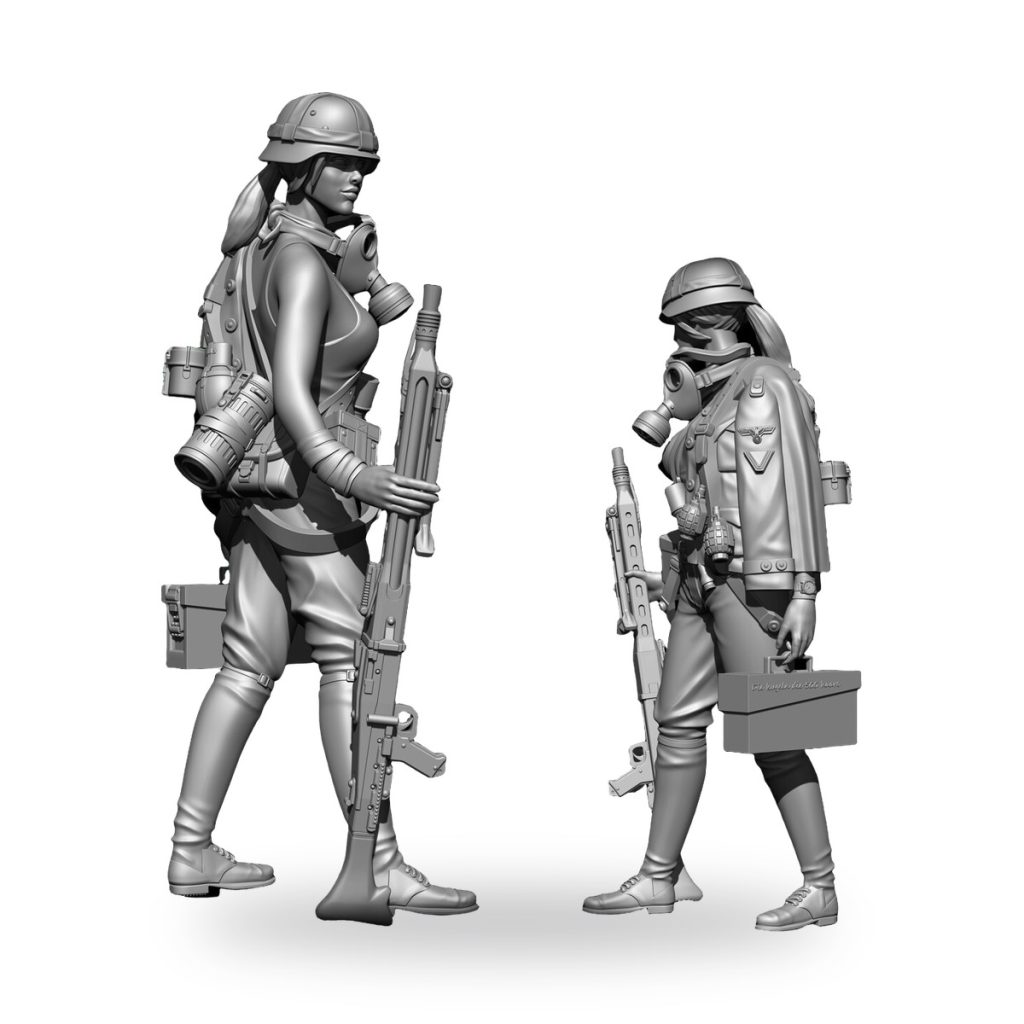 Unpainted WW2 female soldier with machine gun and gas mask.