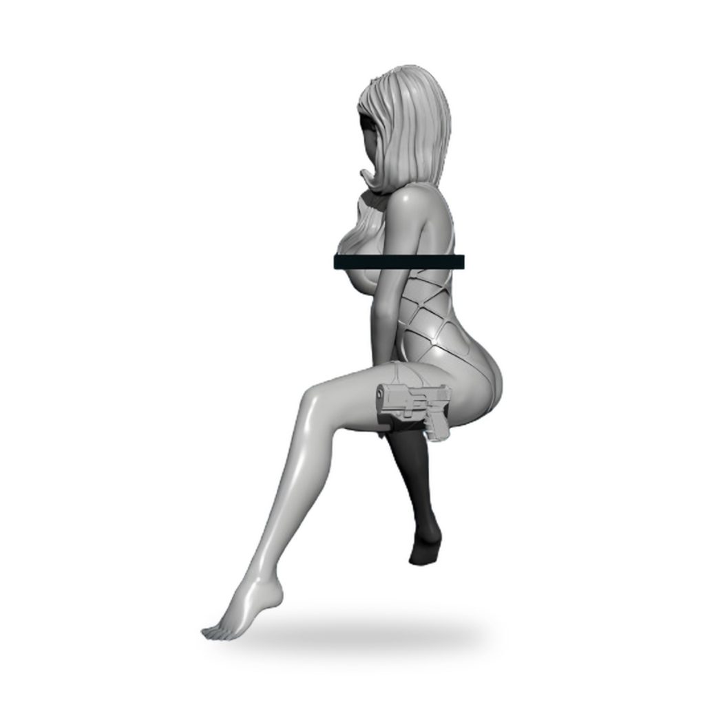 Unpainted female secret agent figure in seated pose with pistol and thigh holster.