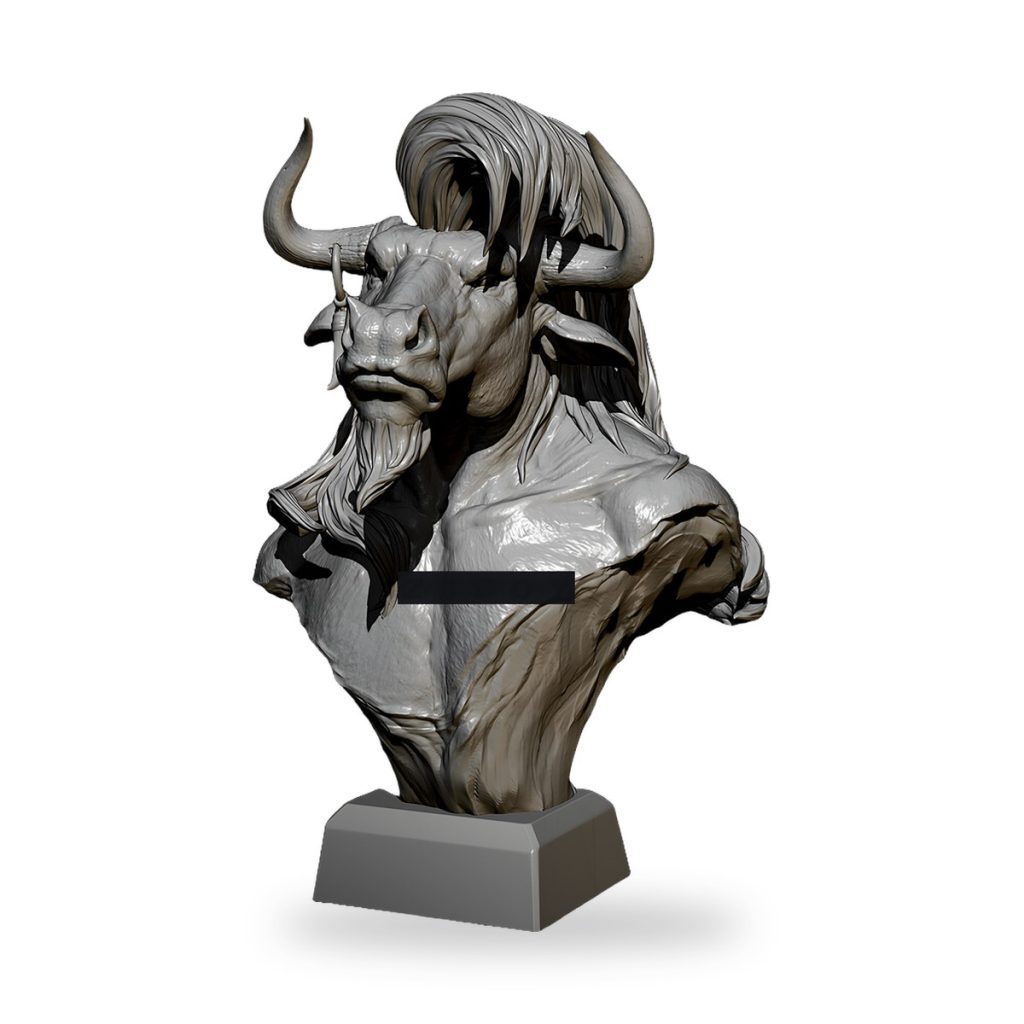 Unpainted Minotaur bust with horns and flowing hair on base.