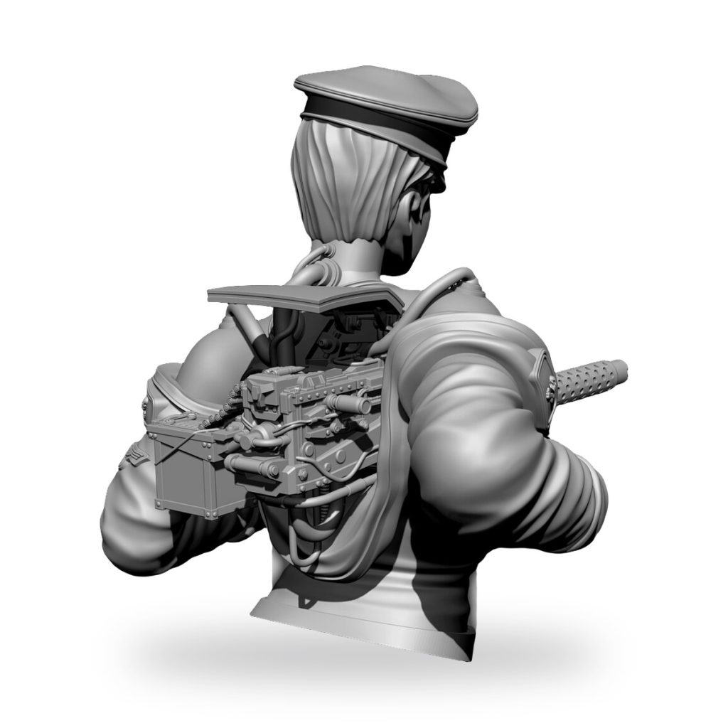Unpainted bust of female cyborg soldier with mechanical chest and cap.