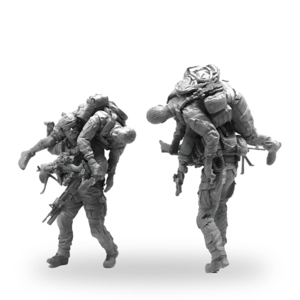 Unpainted US Navy SEAL carrying wounded soldier in combat gear.