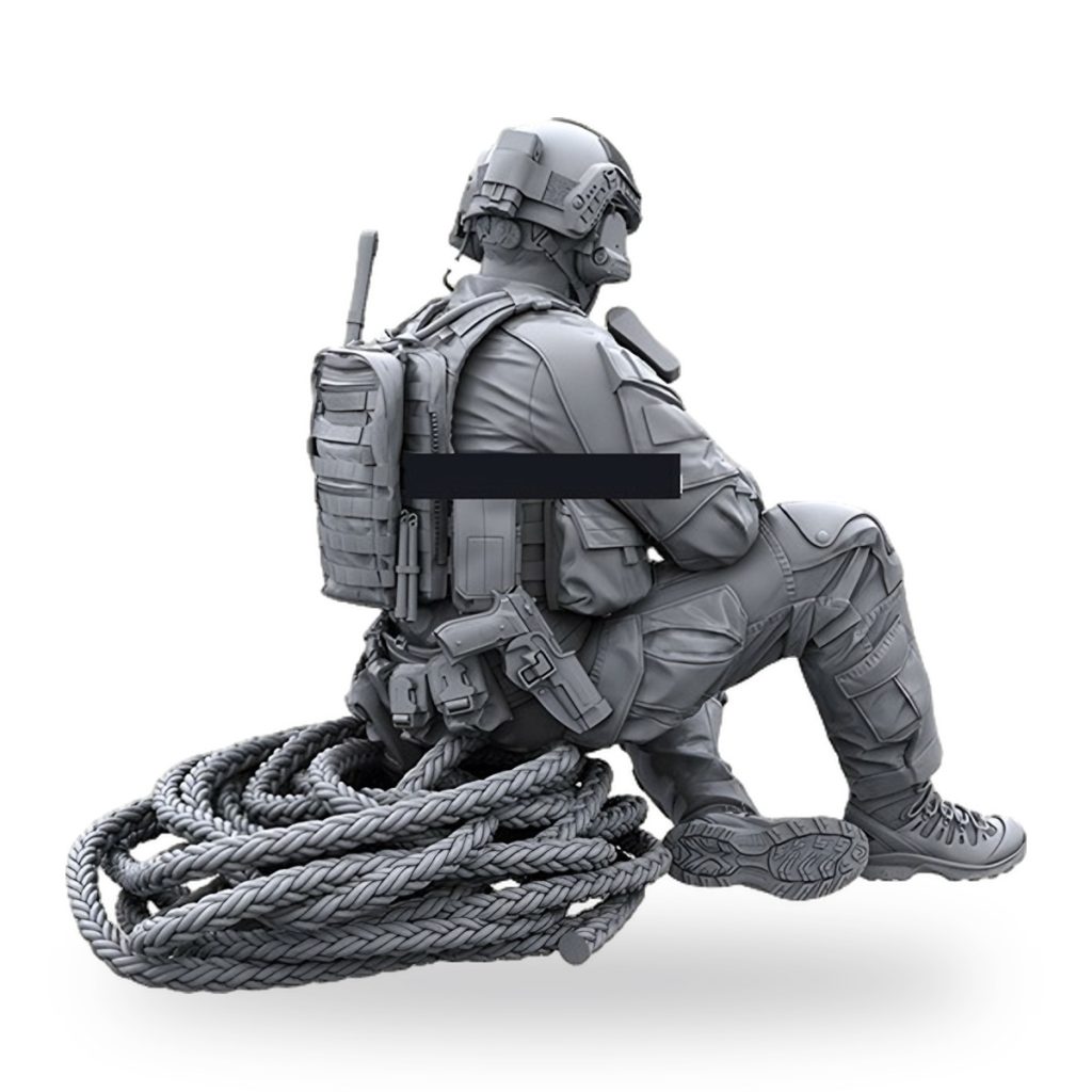 Unpainted 1/35 resin soldier miniature with gear and rope coil.