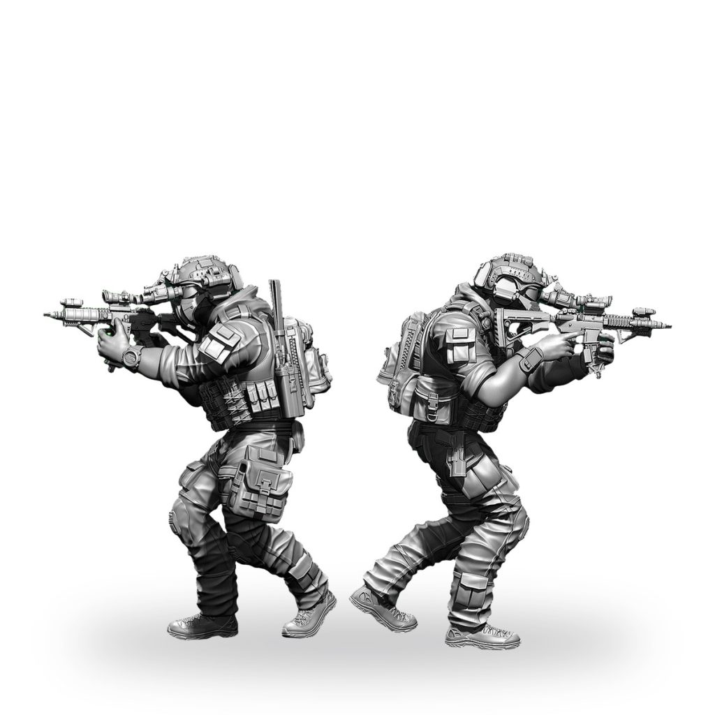 Unpainted modern soldier miniature with rifle and tactical gear.