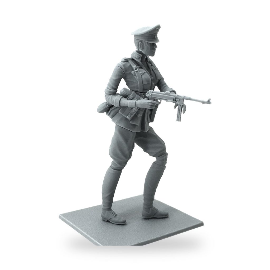 Unpainted female officer in uniform holding rifle on square base.