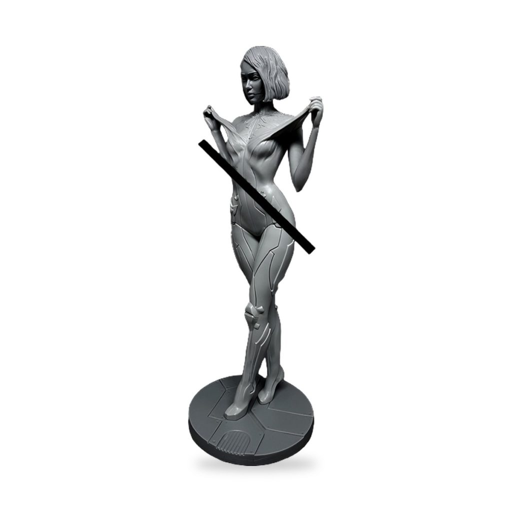 Unpainted female android robot figure in sci-fi suit on circular base.