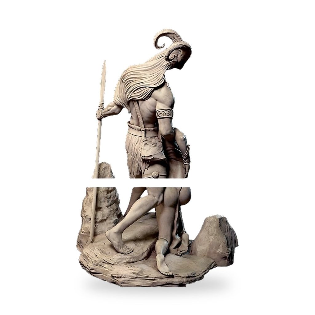 Unpainted resin figure of horned warrior holding spear on rocky base.