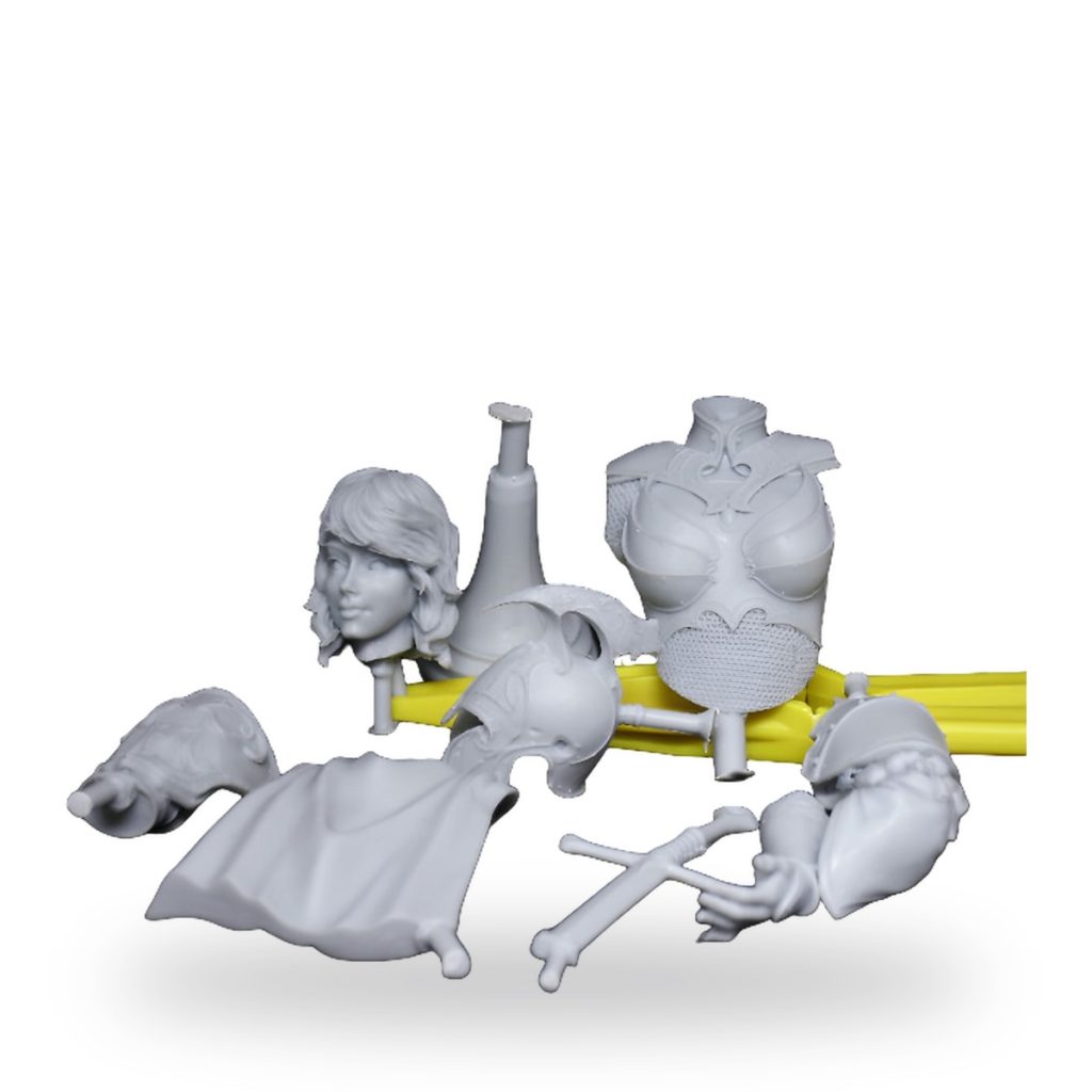 Unpainted medieval fantasy knight bust parts on yellow sprues.