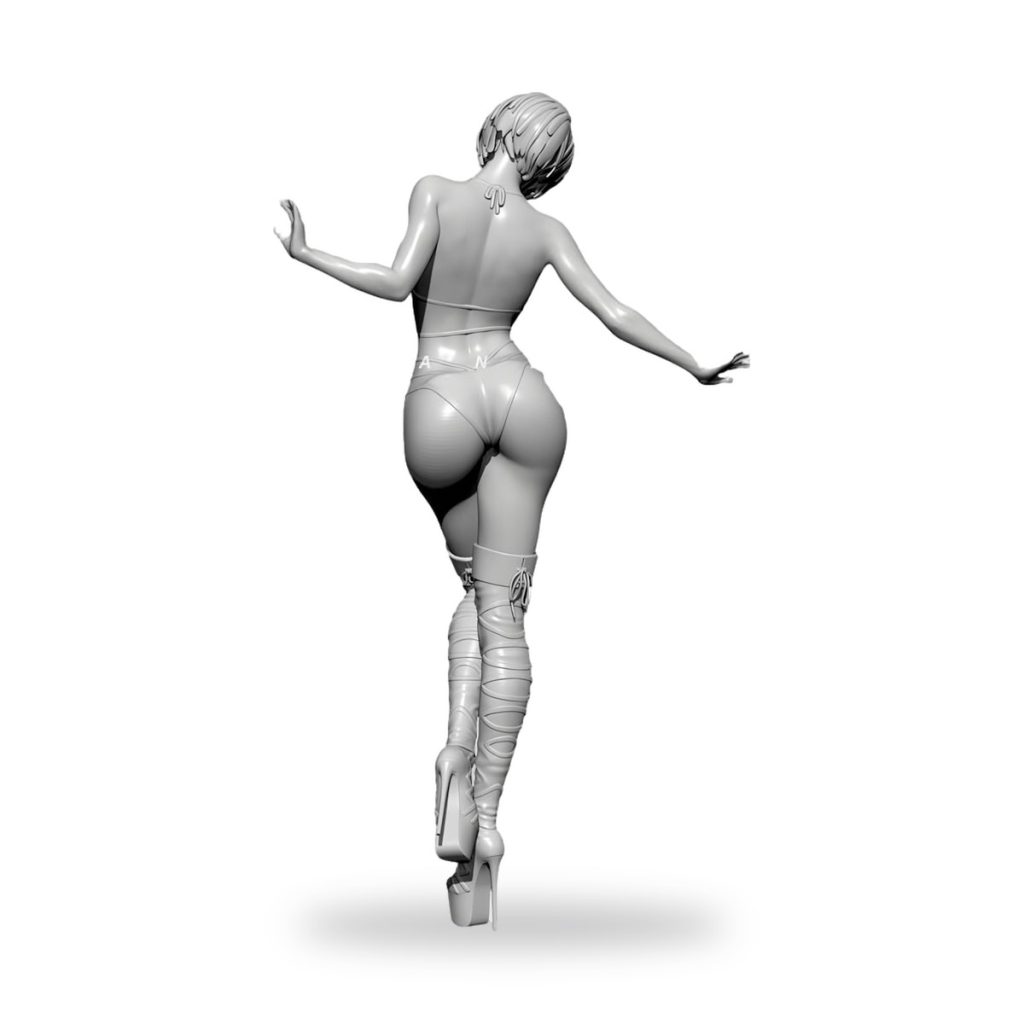 Unpainted female figure in bikini and thigh-high boots from back view.