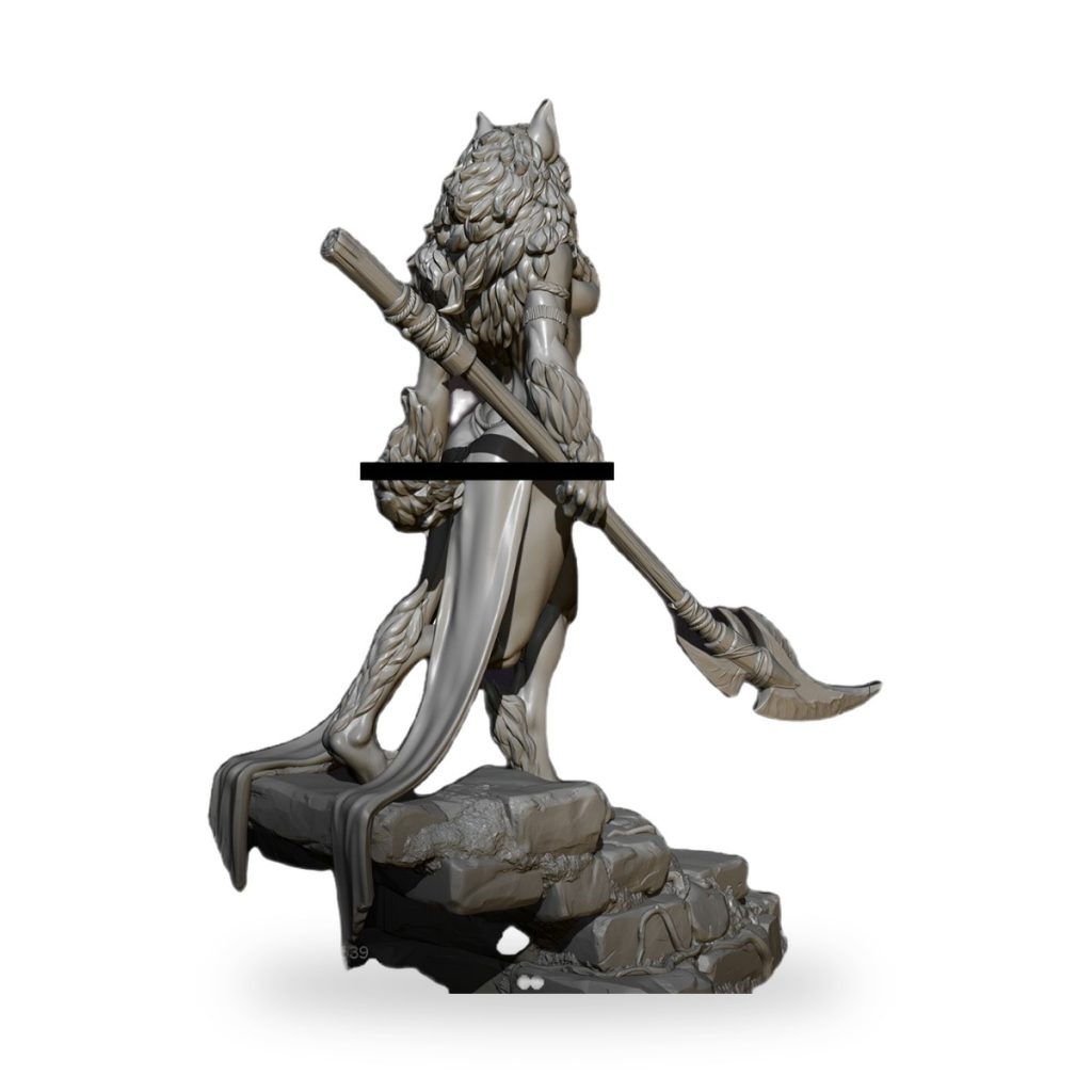 Unpainted werewolf warrior figure holding axe on rocky base.