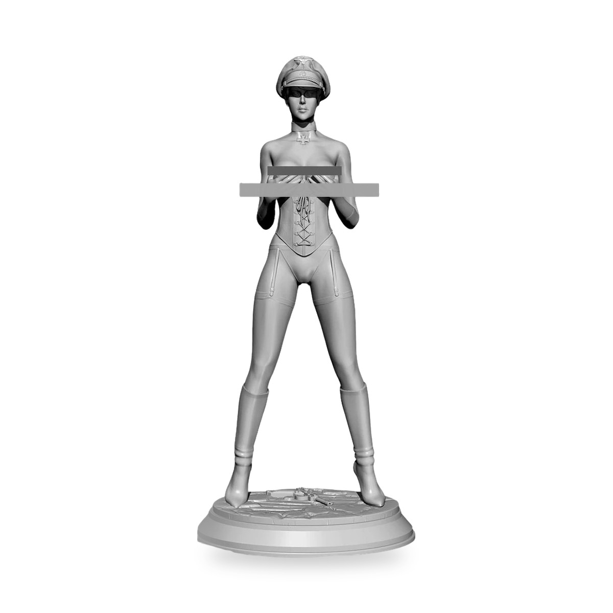 Unpainted female figure in corset and military-style hat on circular base.