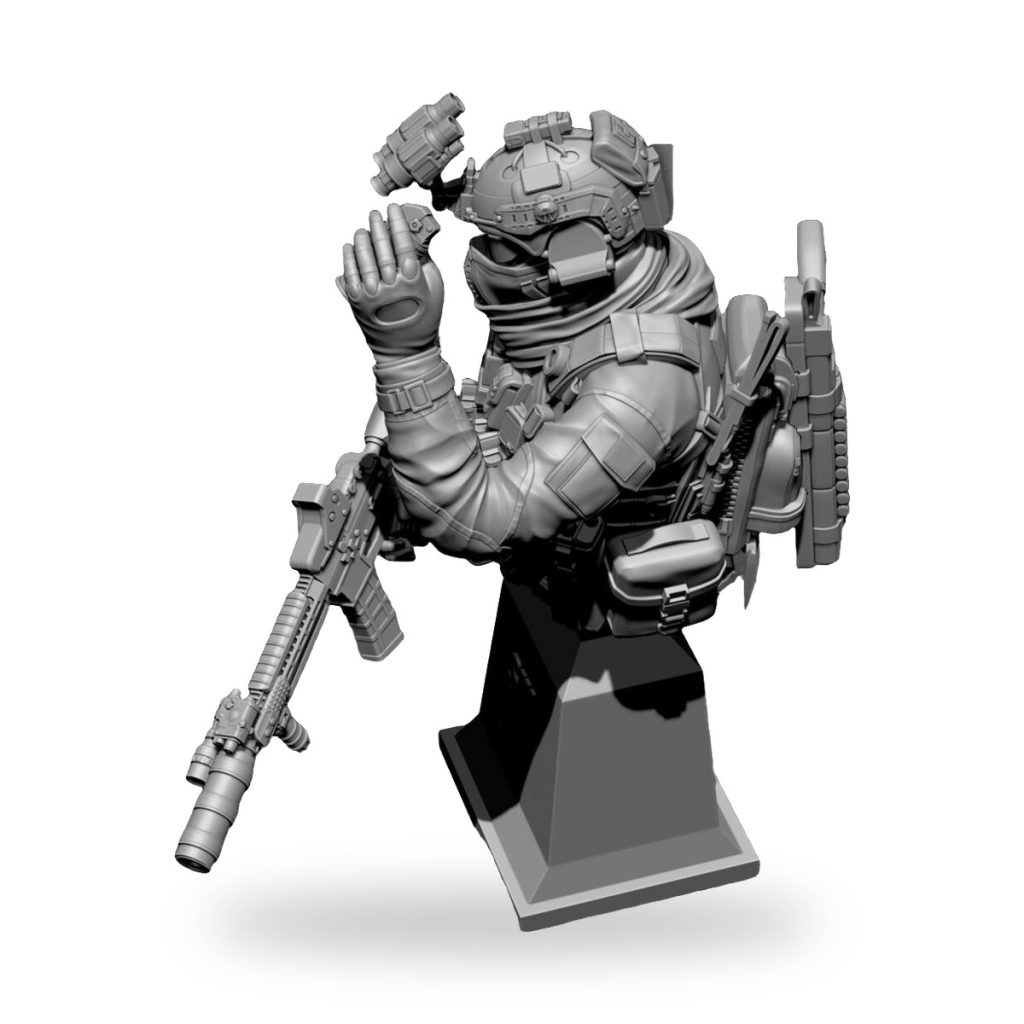 Unpainted US Navy SEAL bust figure with rifle and binoculars on stand.