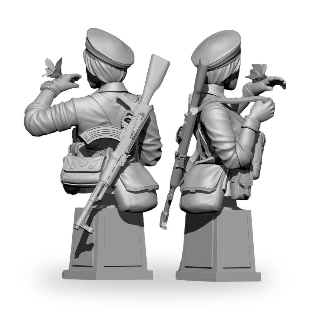 Unpainted PLA female soldier bust holding butterfly and rifle.