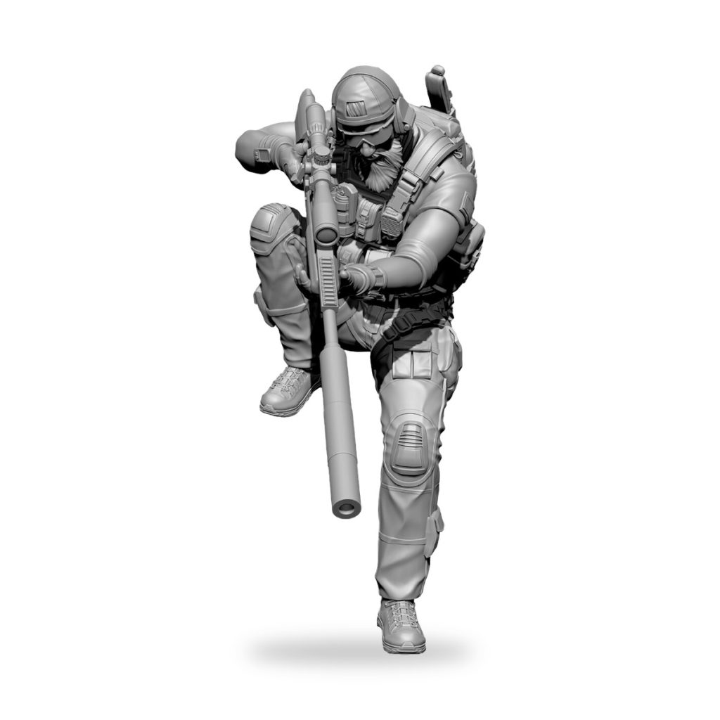 Unpainted US Navy SEAL sniper in tactical gear holding rifle.