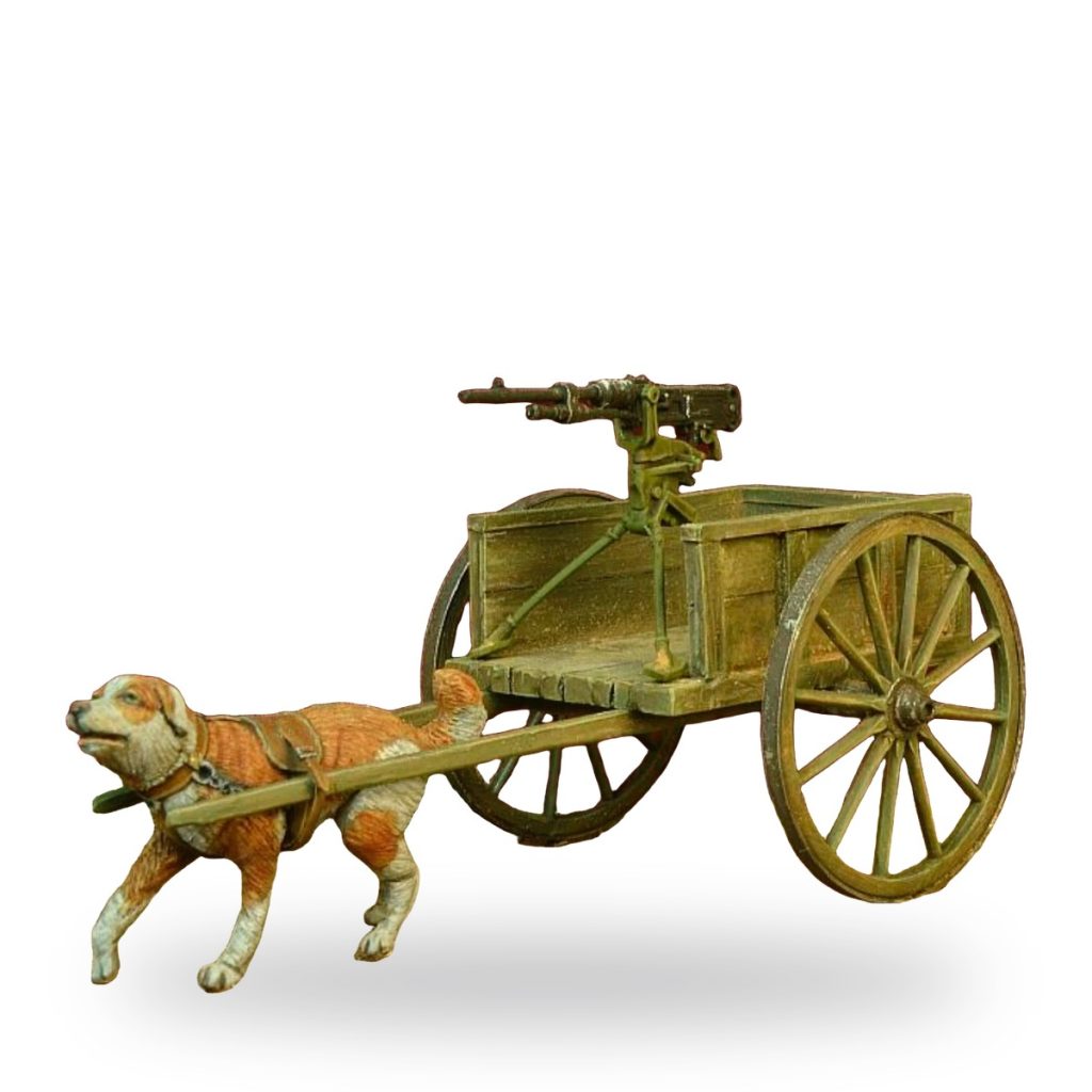 Unpainted resin model of dog pulling cart with mounted machine gun.