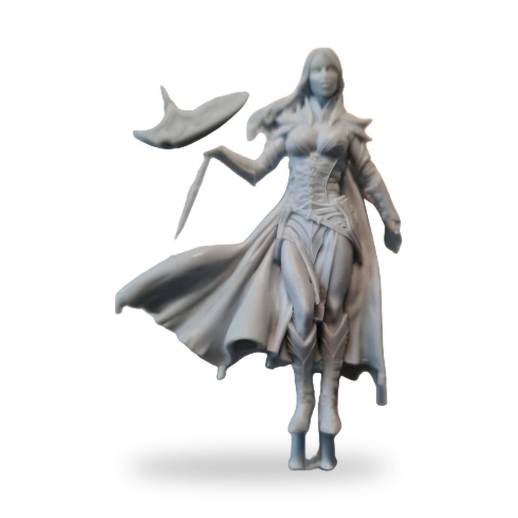 Unpainted Night Elf scythe warrior figure in flowing robes and cape.