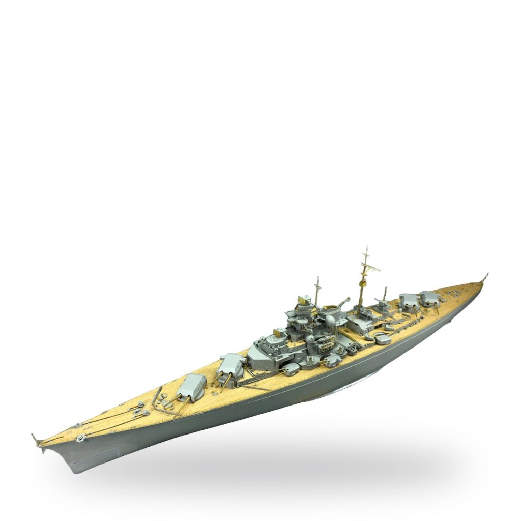 Unpainted German battleship Bismarck model with wooden deck upgrade.