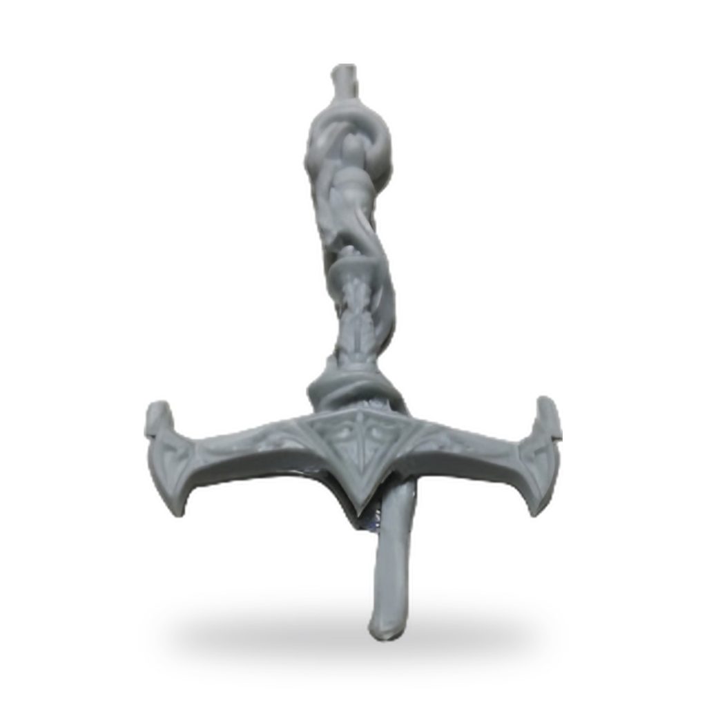 Unpainted gray sword with ornate hilt and crossguard from Vampire Queen bust resin kit.