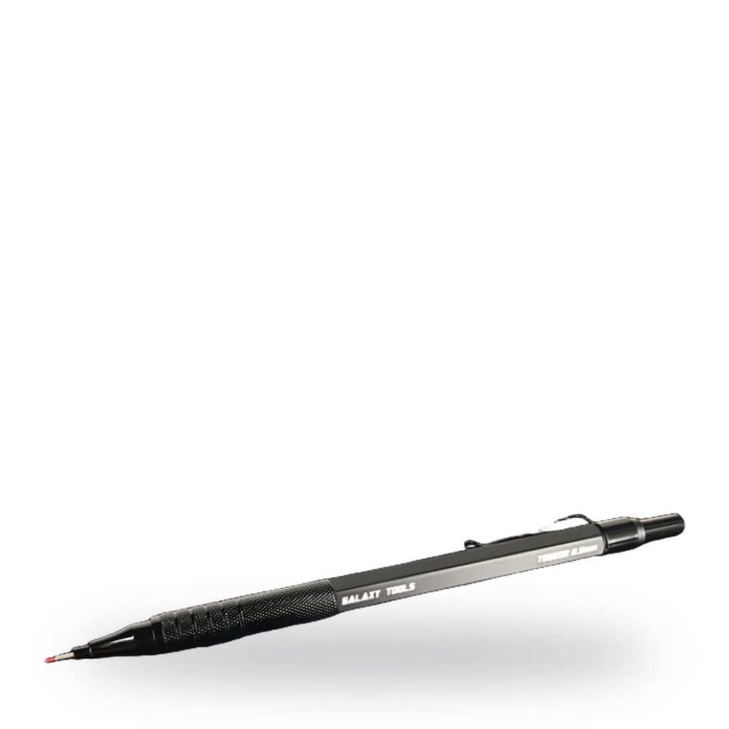 Black pen-shaped tool with textured grip and red tip on white background.
